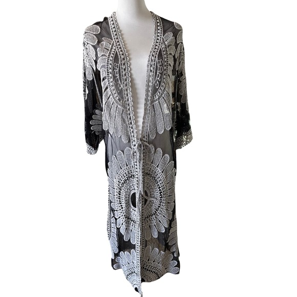 Asha Sweaters - Asha Black White Embroidered Sheer Mesh Duster Kimono Longline Cardigan Tie O/S